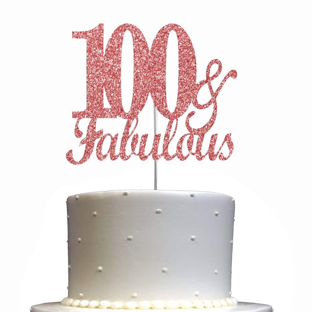 Fabulous & 100 Rose Gold Glitter Cake Topper, 100th Birthday Party Decorations Ideas, Premium Quality Decoration, Sturdy Doubled Sided Glitter, Acrylic Stick. Made in USA