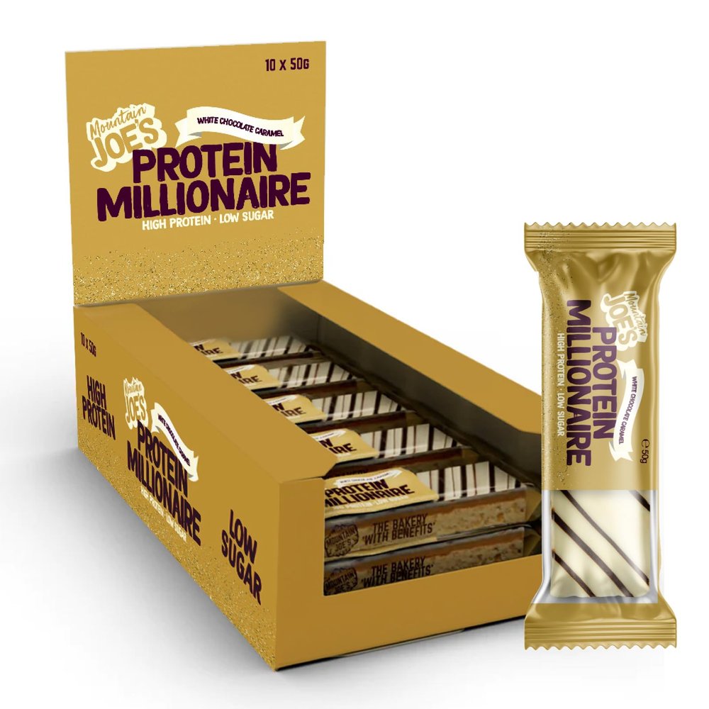 Mountain Joes On-the-Go Protein Millionaire Bar | High Protein & Fibre, Low Sugar Bar with 13.5g Protein | Nutritional & Healthy Gym Snack Bar | Box of 10 x 50g (Box, White Chocolate Caramel)
