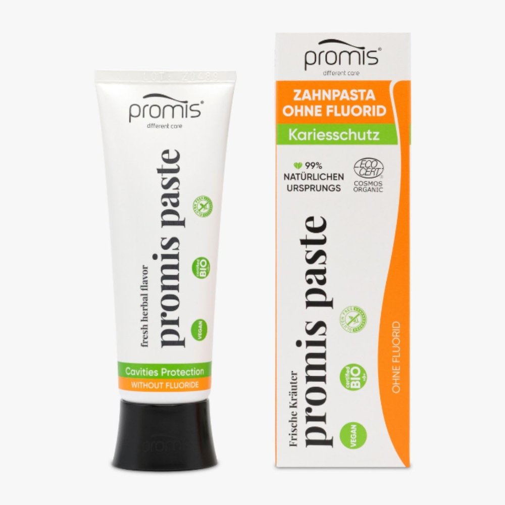promis Paste Natural Anti-Plaque Toothpaste, No Fluoride, Xylitol, 99% Natural, Organic, Ecocert Cosmos Organic Label, Vegan, Sugar Cane Tube, Recycled Packaging