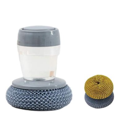 Soap Dispensing Palm Brush Set,Multifunctional Cleaning Dish Brush with Handle, Kitchen Home Gadgets Give Away 3pcs Wire Balls (Style B)