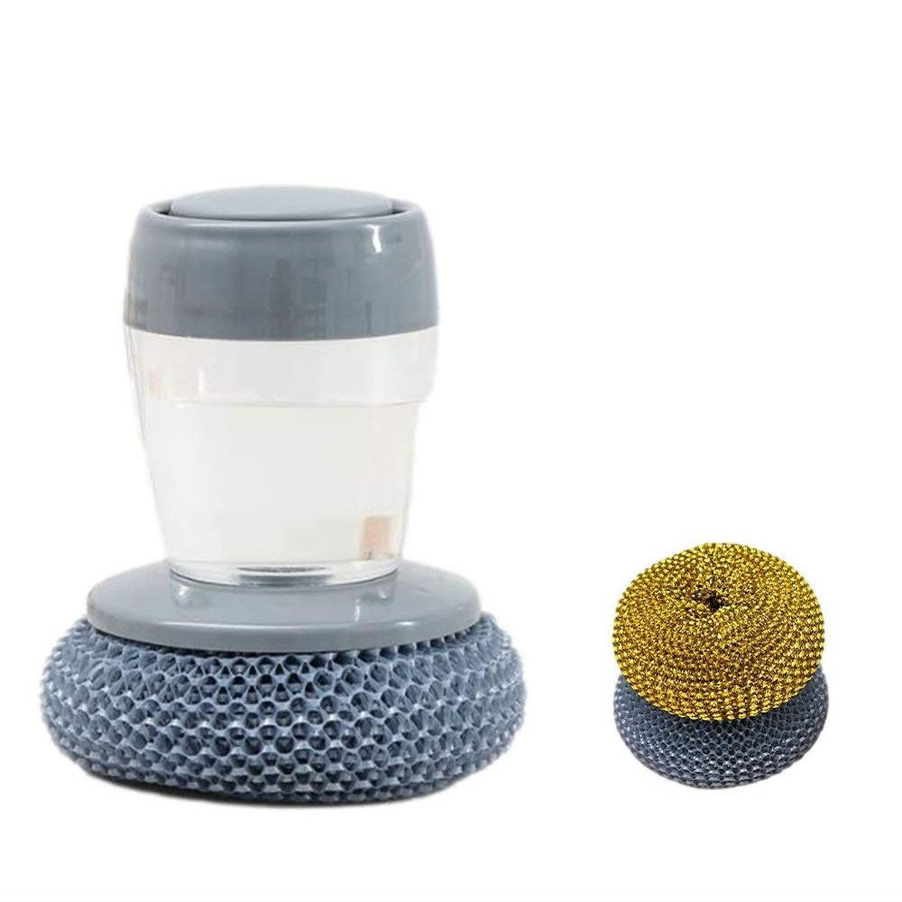 Soap Dispensing Palm Brush Set,Multifunctional Cleaning Dish Brush with Handle, Kitchen Home Gadgets Give Away 3pcs Wire Balls (Style B)