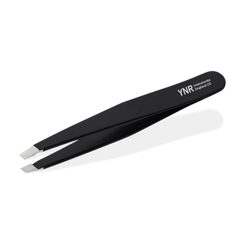 YNR Tweezers for Facial Hair Women Stainless Steel Slanted Eyebrow Tweezer for Precision Hair Plucking, Chin, Ingrown Hair, Splinters & Tick Remover for Men & Women | (Black)