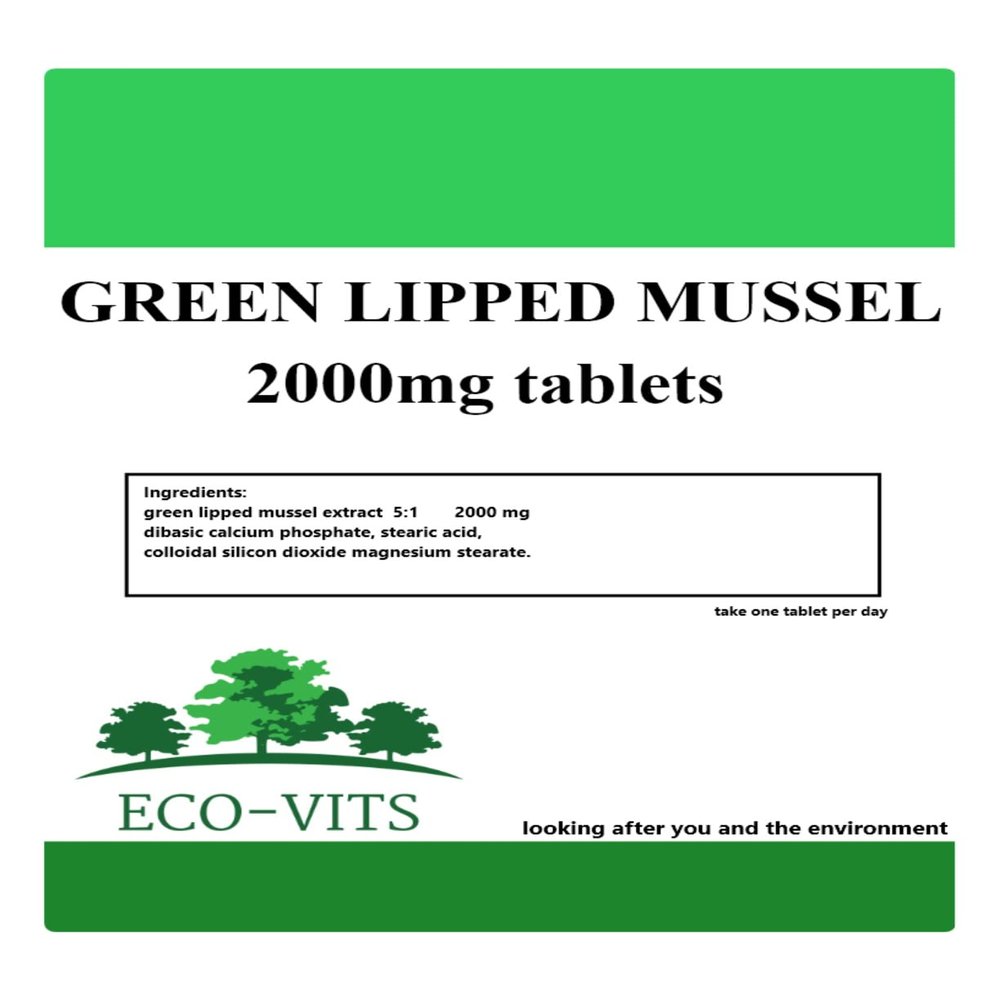ECO-VITS Green LIPPED Mussel (2000MG) 365 CAPS. Recyclable Packaging. Sealed Pouch