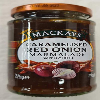 Caramelised Red Onion Marmalade with Chilli, Suitable for Vegetarians, vegan, gluten diets, 225g, Mackays.