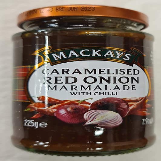 Caramelised Red Onion Marmalade with Chilli, Suitable for Vegetarians, vegan, gluten diets, 225g, Mackays.