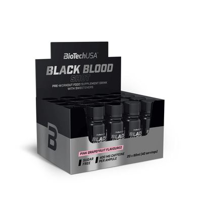 BioTechUSA Black Blood Shot | Sugar-Free Pre-Workout Formula | 5 Active Ingredients | 400mg Caffeine | Ready to Drink Ampules | 20 * 60 ml | Pink Grapefruit