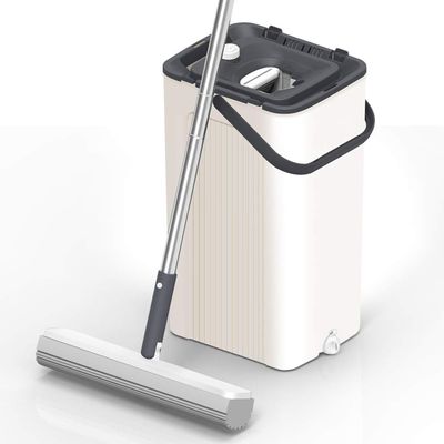 Sponge Mop and Bucket Set with 2 Pcs Sponge Mop Head, Hands Free Washing Mop Squeeze Household Cleaning Mop Bucket Wet and Dry Use for Hardwood Laminate Tile Ceramic Marble Floors Cleaning