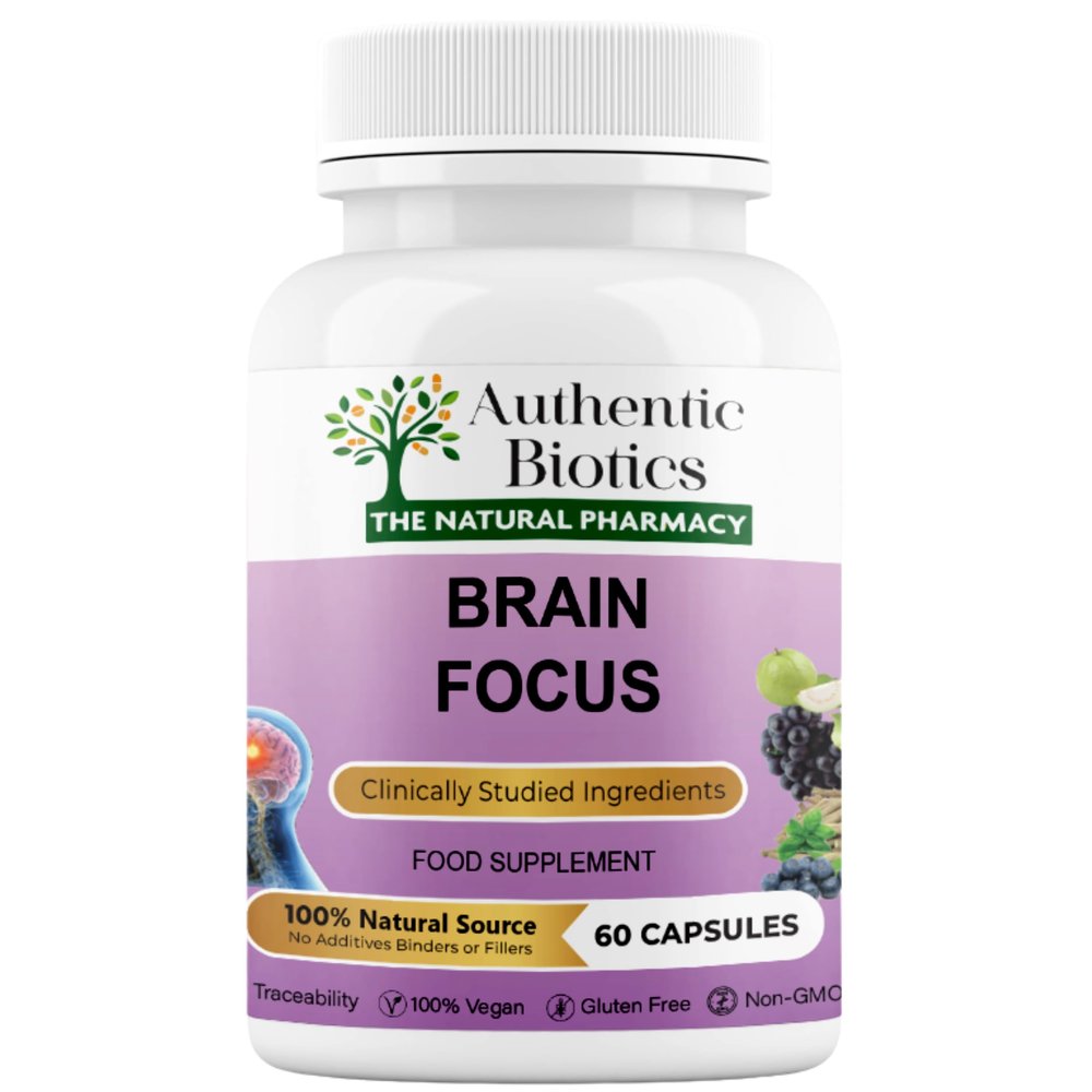 Authentic Biotics Brain Focus Supplement with Ashwagandha KSM-66  Nootropic with B Complex & Magnesium | Energy, Memory, Focus & Mental Clarity | Vegan Cognitive Support | 60 Capsules