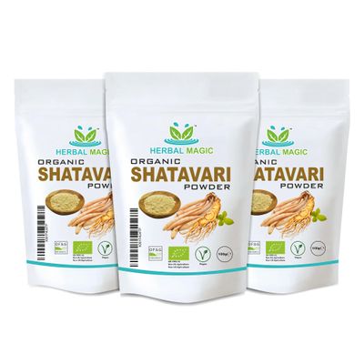 Herbal Magic's Organic Shatavari Root Powder(Asparagus racemosus)-Prized Herb in Ayurveda-"plant of 100 roots" superfood combi with milk& honey - Free from Fillers&Preservatives-300g