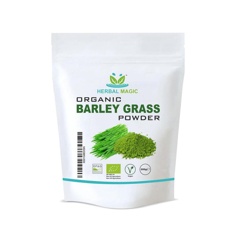 Herbal Magic's Organic Barley Grass Powder-Irrestibily delicious.Sparkle your smoothies,milkshakes,recipes.Nutritious wholefood with sizable healthy attributes. You Will Get 200g pack
