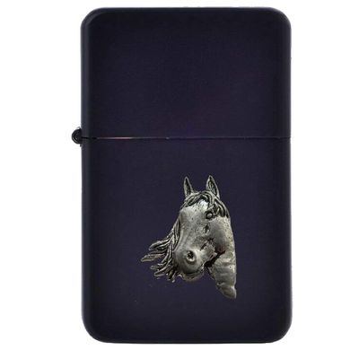 A1 Horses Head Pewter image on a flip top petrol lighter windproof BLACK refillable