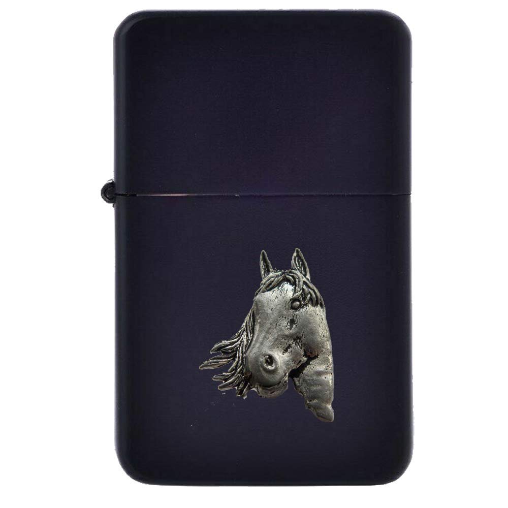 A1 Horses Head Pewter image on a flip top petrol lighter windproof BLACK refillable