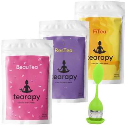 tearapy Womens Tea Pack-Wellness Tea Collection Pamper Gifts Set For Women-Complete Self Care Wellbeing Gift Idea For Women- Leaf Silicone Infuser Included - Premium Loose Leaf Tea Set + Green Infuser