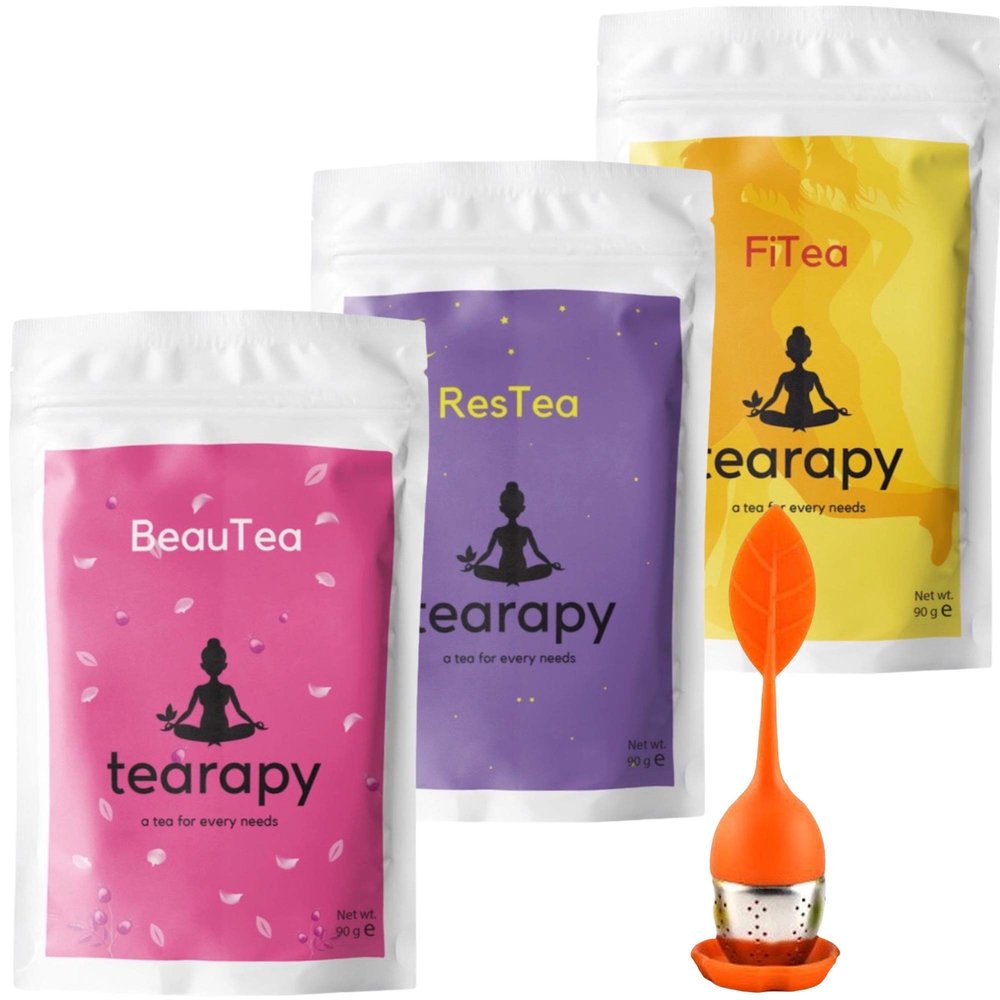 tearapy Womens Tea Pack-Wellness Tea Collection Pamper Gifts Set For Women-Complete Self Care Wellbeing Gift Idea For Women- Leaf Silicone Infuser Included - Premium Loose Leaf Tea Set +Orange Infuser