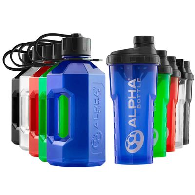 Alpha Designs 2 Pack Water Bottle (1.6L) & Protein Shaker Bottle (750ml) Bundle - Gym Gifts for Men & Women - Blue