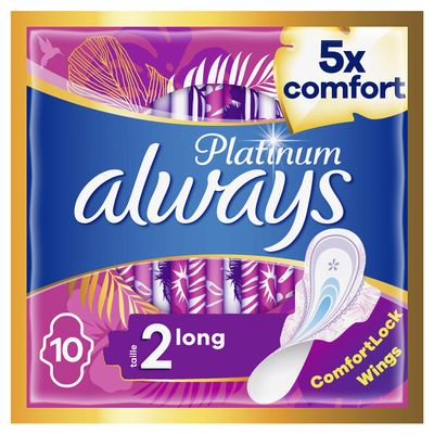Always Platinum Long Sanitary Pads Size 2 with Wings Eco Format x160 (16 Packs of 10)