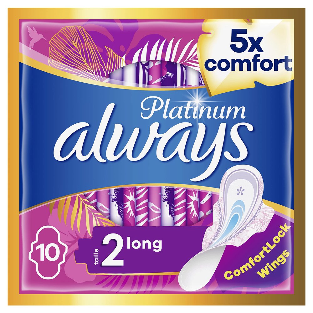 Always Platinum Long Sanitary Pads Size 2 with Wings Eco Format x160 (16 Packs of 10)