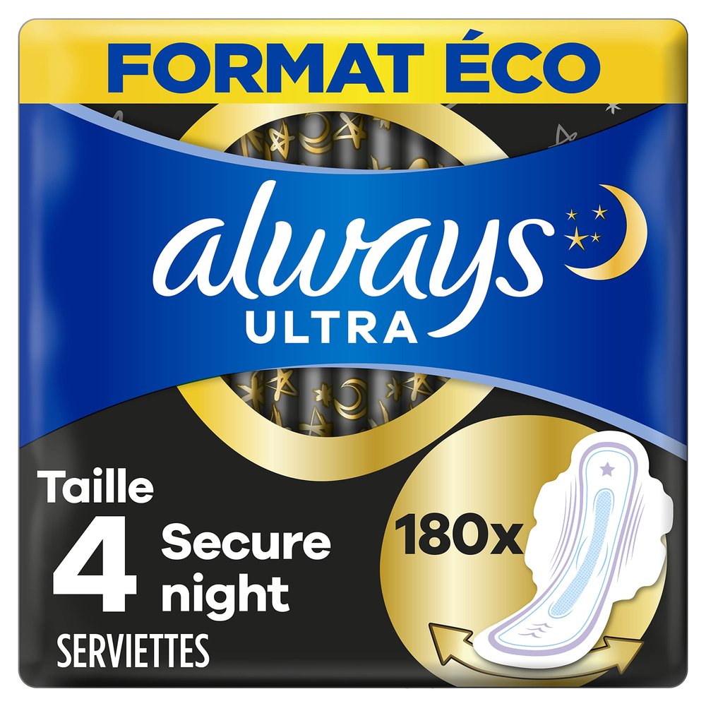 Always Ultra Sanitary Towels, Size 4, Secure Night, 180 Towels with Wings, Abundant Night Flow, Eco Size, Max Comfort, Super Absorbent and Ultra Thin