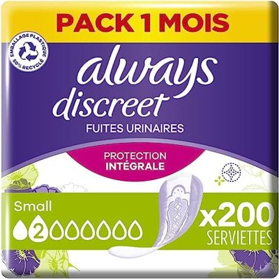 Always Discreet, 200 Women's Incontinence Pads, Small 2 Drops, Absorbent Protection for Light Urinary Leaks, Pack of 1 Month