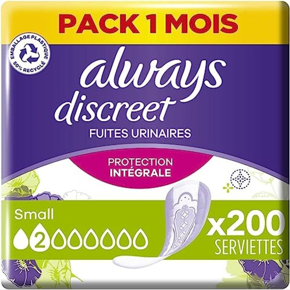 Always Discreet, 200 Women's Incontinence Pads, Small 2 Drops, Absorbent Protection for Light Urinary Leaks, Pack of 1 Month