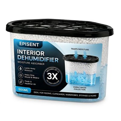 EPISENT Moisture Absorber Dehumidifier 10 Pack 500ml Tubs Disposable Damp Absorber & Condensation Remover for Wardrobe, Bathroom, Cupboard, Car and Caravan