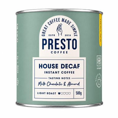 Presto House Decaf Instant Coffee 500g | Great Tasting Freeze Dried Coffee | Light Nutty Roast | Milk Chocolate and Almond | 100% Robusta | 275 Cups