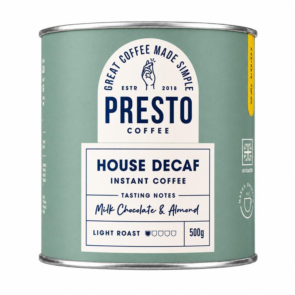 Presto House Decaf Instant Coffee 500g | Great Tasting Freeze Dried Coffee | Light Nutty Roast | Milk Chocolate and Almond | 100% Robusta | 275 Cups