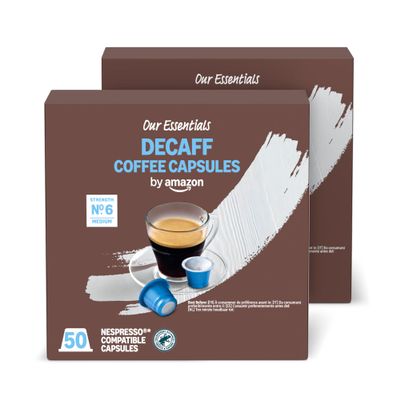 by Amazon Lungo Decaffeinated Nespresso Compatible Plastic Coffee Capsules, Medium Roast, 100 Count (2 Packs of 50)- Rainforest Alliance Certified