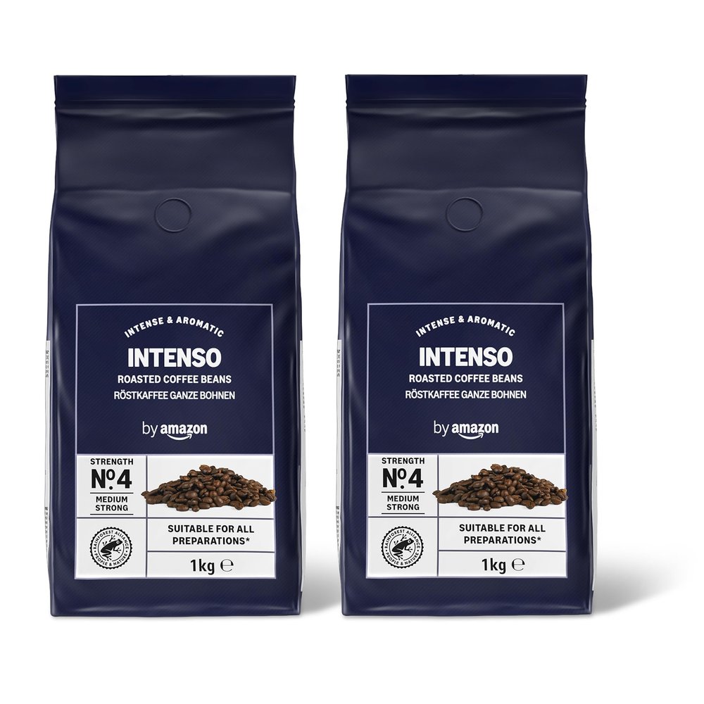 by Amazon Intenso Coffee Beans, dark roast, 2kg (2 packs of 1 kg) - Rainforest Alliance Certified