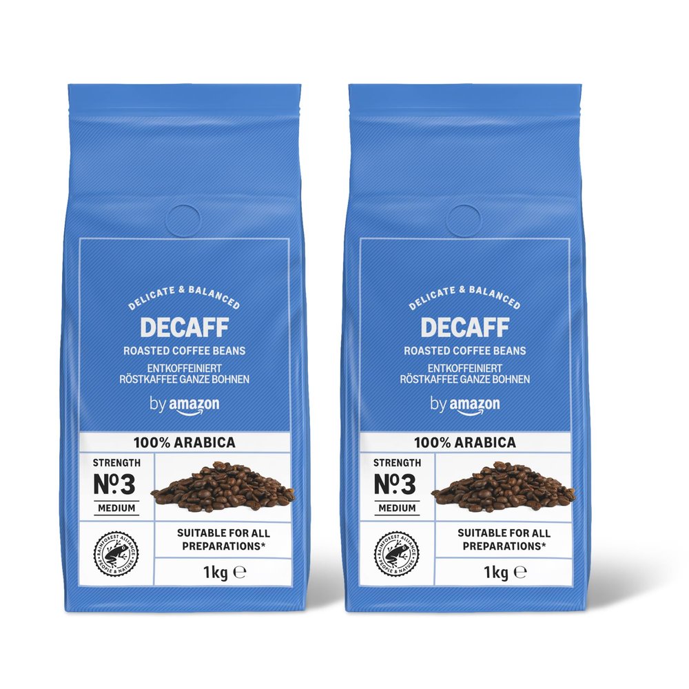 by Amazon Coffee Beans Decaffeinated, Light Roast, 2 Kg (2 Packs of 1 Kg), Rainforest Alliance Certified