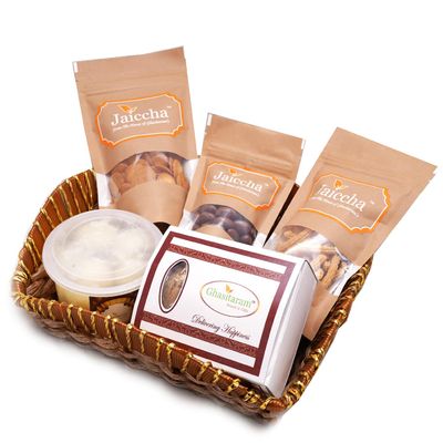 Ghasitaram Gifts Jaiccha Holi- Sweets/ Holi Hampers/ Brown Basket of Traditiona & Chocolate Gujiya,Coin Biscuits,Butter Chakli & Cake