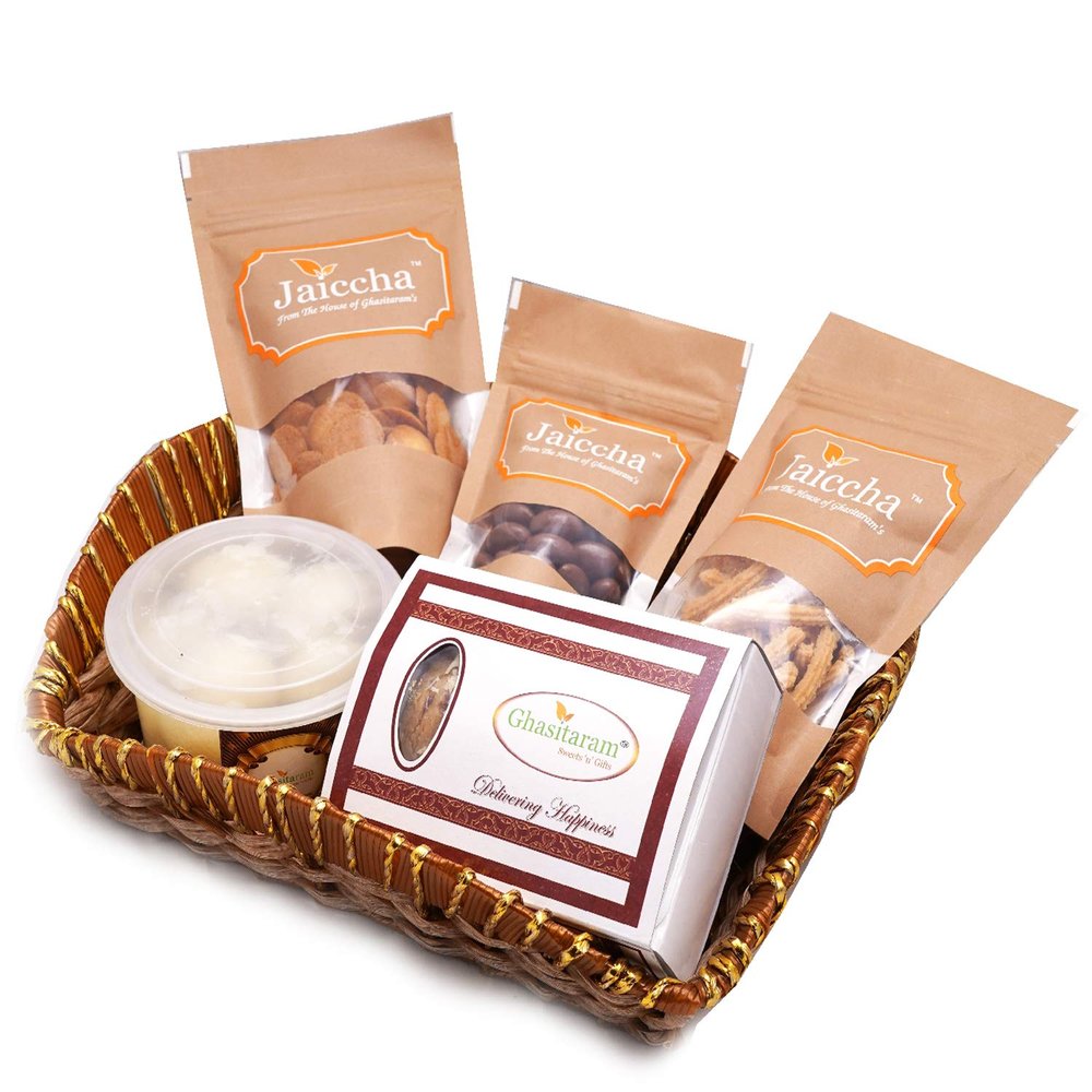 Ghasitaram Gifts Jaiccha Holi- Sweets/ Holi Hampers/ Brown Basket of Traditiona & Chocolate Gujiya,Coin Biscuits,Butter Chakli & Cake