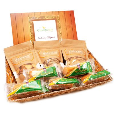 Ghasitaram Gifts Jaiccha Holi- Sweets/Holi Hampers/Brown Rectangle Basket of Assorted Gujiya,Butter Chakli,Coin Biscuit,Methi Mathi and Cake