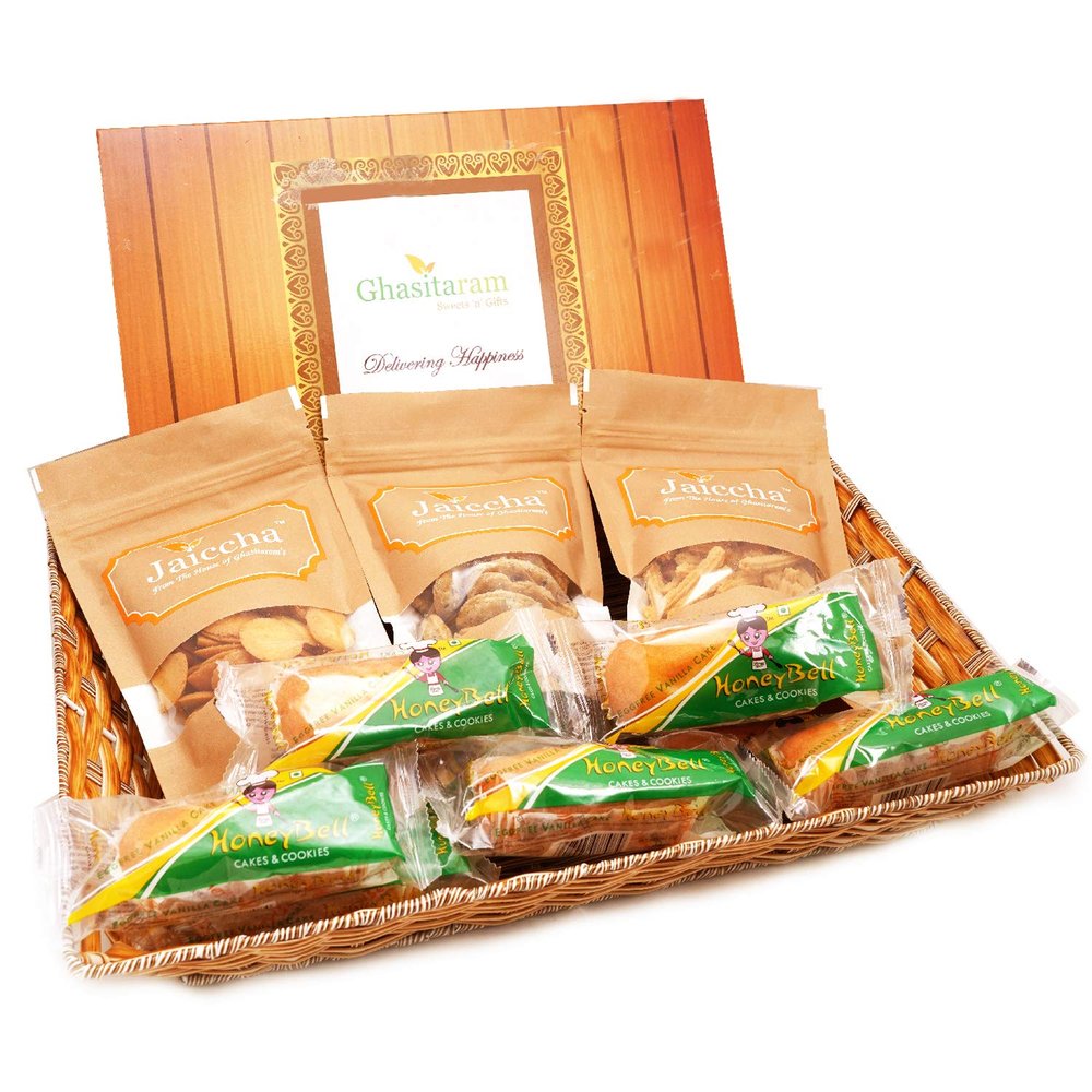 Ghasitaram Gifts Jaiccha Holi- Sweets/Holi Hampers/Brown Rectangle Basket of Assorted Gujiya,Butter Chakli,Coin Biscuit,Methi Mathi and Cake