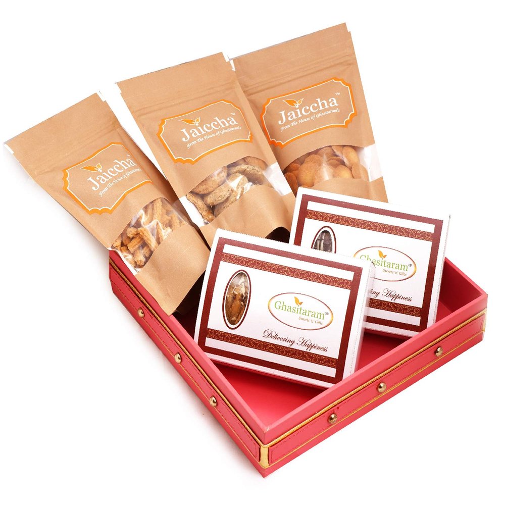 Ghasitaram Gifts Jaiccha Holi- Sweets/Holi Hampers/Pink Leather Basket of Traditional & Chocol Gujiyas,Butter Chakli,Methi Mathi & Coin Biscuits