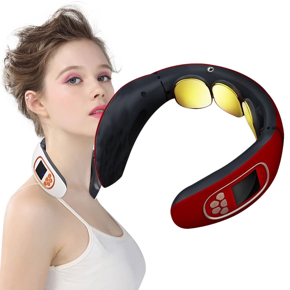 0 Outdoor Intelligent Neck Massager, Electric Pulse Neck Massager with Heat Cordless Remote Control for Neck Pain, Portable Neck Massager for Home Office Car, Ergonomic Design, Safe to Use,Red