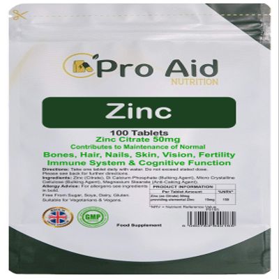 Zinc Tablets 50mg | Immune Function, Fertility, Healthy Bones, Vision, Hair, Nails and Skin | Easy to Swallow | Letterbox Friendly | One per Day |100 Pack by ProAid | Made in UK