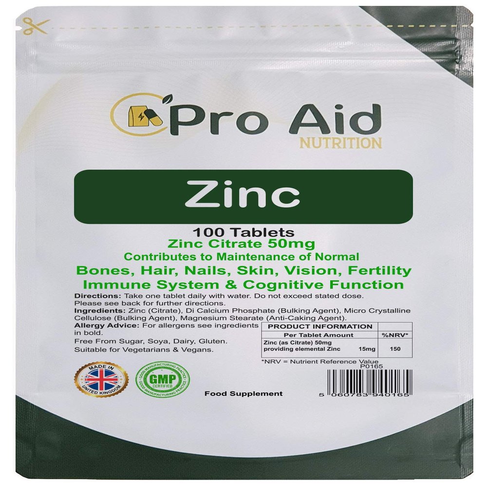 Zinc Tablets 50mg | Immune Function, Fertility, Healthy Bones, Vision, Hair, Nails and Skin | Easy to Swallow | Letterbox Friendly | One per Day |100 Pack by ProAid | Made in UK