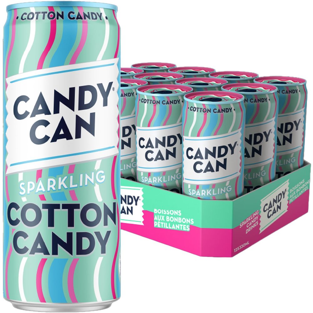 Candy Can Cotton Candy Fizzy Drink, (12 x330ml Cans), Low Calorie Sparkling Soda with Nostalgic Fairground Cotton Candy Flavour, No Added Sugar, Vegan, Gluten Free