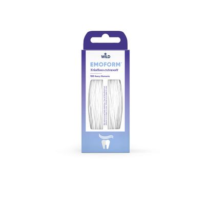 Emoform Triofloss, extra soft, carded nylon threads, for cleaning interdental spaces under bridges, and braces.