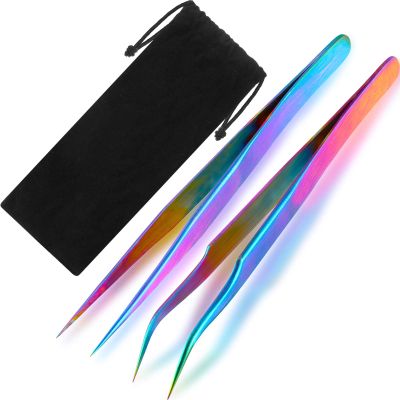 2 Pieces Straight and Curved Tip Tweezers Eyelash Extension Tweezers, Stainless Steel False Lash Application Tools (Iridescence)