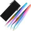 2 Pieces Straight and Curved Tip Tweezers Eyelash Extension Tweezers, Stainless Steel False Lash Application Tools (Iridescence) view 1