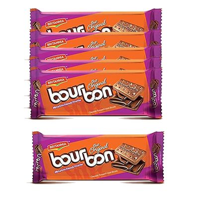 Britannia Bourbon Biscuits 100g (Pack of 6)  Snack Biscuits  Filling of Chocolate Butter Cream  Cream Biscuits  Sugar Sprinkled - Cracker Biscuits Cookies Tea Time Snacks for Kids & Family