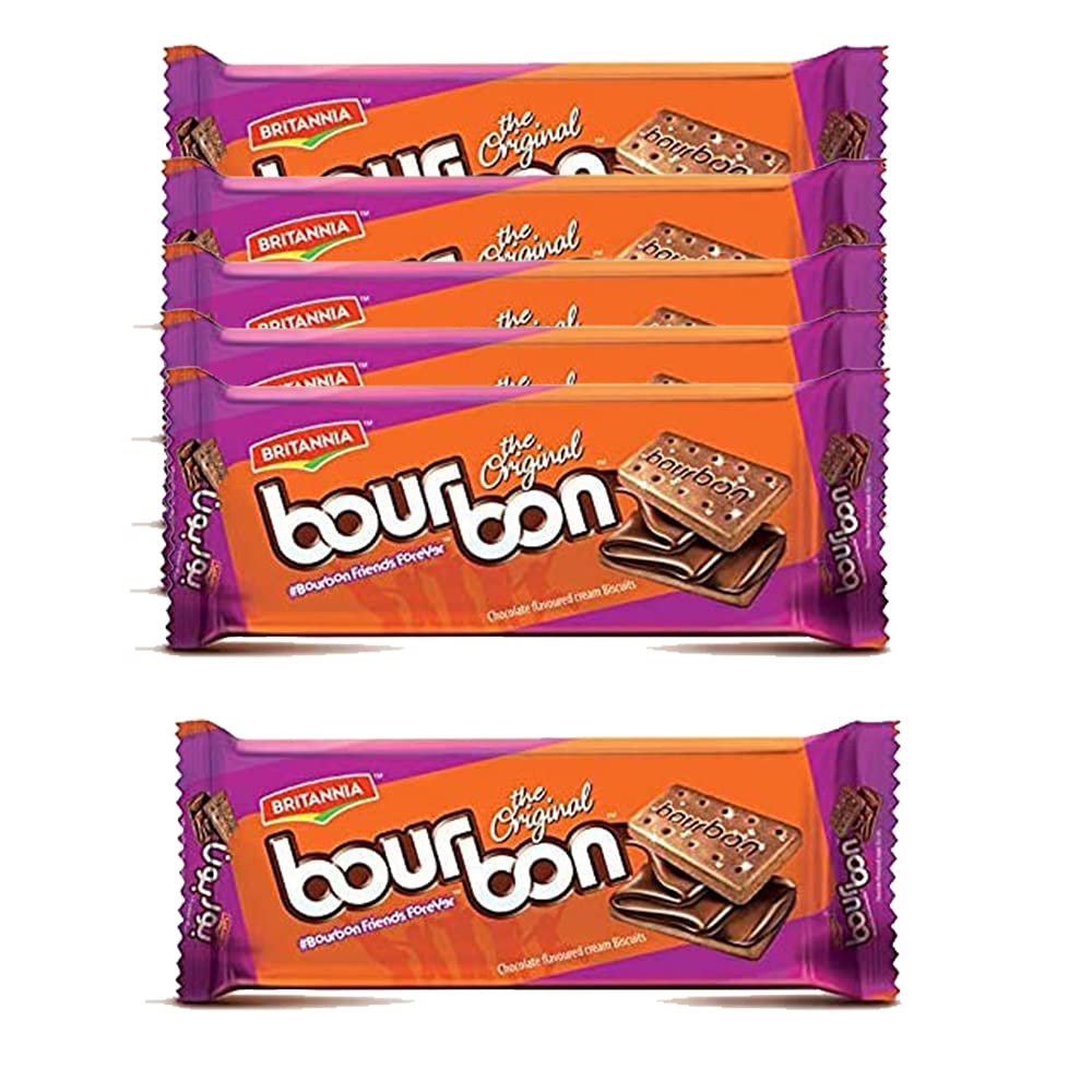 Britannia Bourbon Biscuits 100g (Pack of 6)  Snack Biscuits  Filling of Chocolate Butter Cream  Cream Biscuits  Sugar Sprinkled - Cracker Biscuits Cookies Tea Time Snacks for Kids & Family