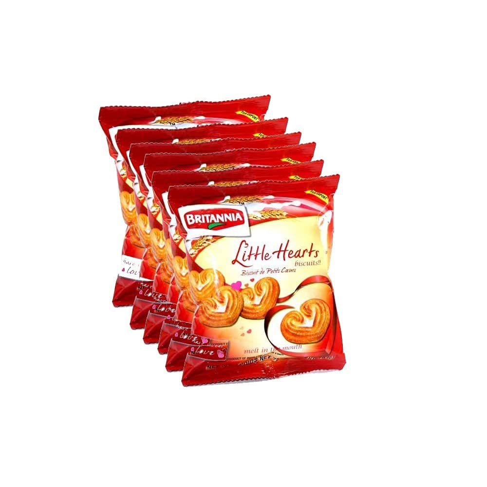 Britannia Little Hearts Biscuits 75g (Pack of 6)  Sugar Crystals Sprinkled  Heart Shaped  Crisp and Delicious - Tasty, Healthy & Nutritive - Cracker Cookies Tea Time Snacks for Kids & Family