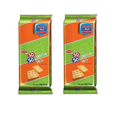 Britannia 50-50 Biscuits 372g (Pack of 2)  Sweet and Salty Biscuits  Flat Baked  Crunchy and Tasty  Golden Brown cracker - Delicious Cracker Biscuits Cookies Tea Time Snacks for Kids & Family