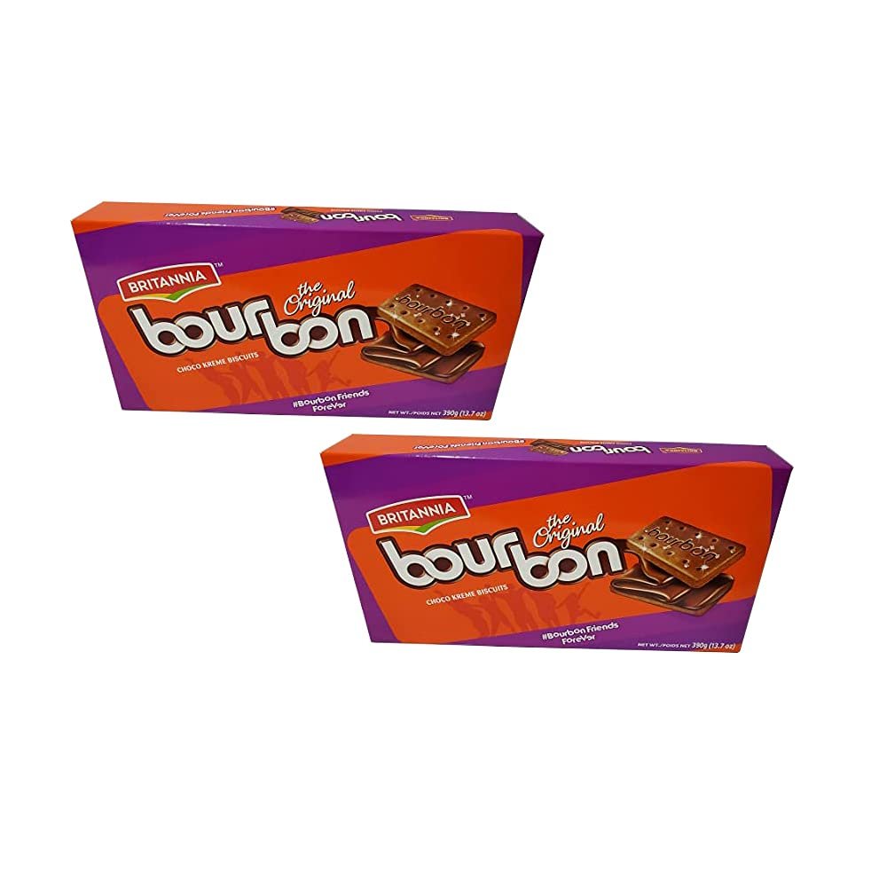 Britannia Bourbon Biscuits 390g (Pack of 2)  Snack Biscuits  Filling of Chocolate Butter Cream  Cream Biscuits  Sugar Sprinkled - Cracker Biscuits Cookies Tea Time Snacks for Kids & Family