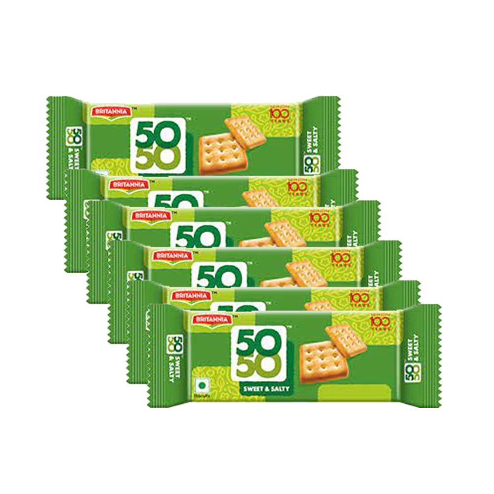 Britannia 50-50 Biscuits 62g (Pack of 6)  Sweet and Salty Biscuits  Flat Baked  Crunchy and Tasty  Golden Brown cracker - Cracker Cookies Tea Time Snacks for Kids & Family