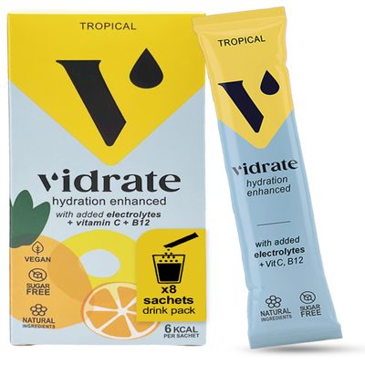 Vidrate Electrolytes Powder - Hydration Sachets Packed with Vitamins - Zero Sugar Rehydration Sachet with No Artificial Sweeteners & Preservatives - Tropical Small Pack, 8 Electrolytes Sachets