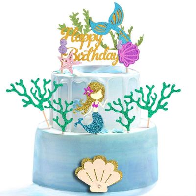 Glitter Mermaid Cake Topper 7Pcs, Cake Cupcake Toppers for Girls Mermaid Themed Birthday Cake Party Decorations